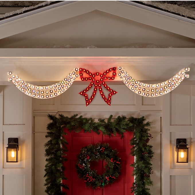 Dazzling Lighted Swag & Bow, Red Silver, large