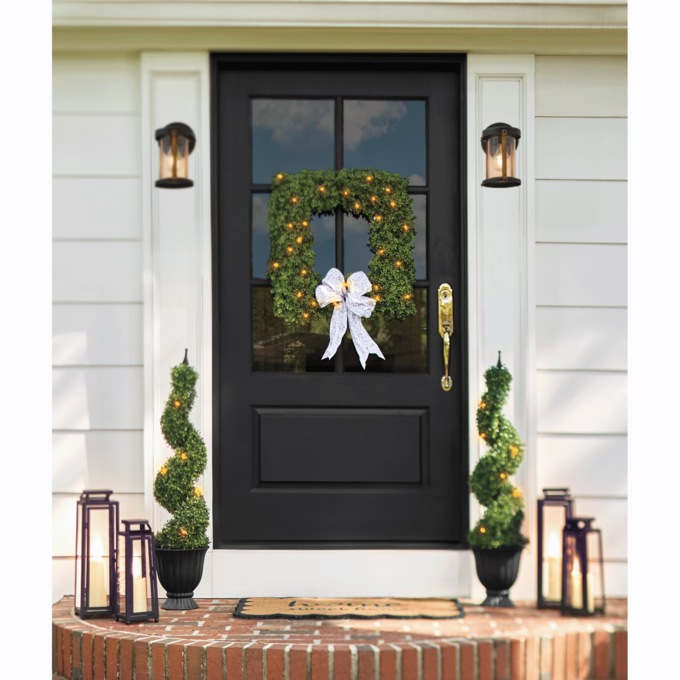 Outdoor Lit Faux Boxwood Wreath, , large