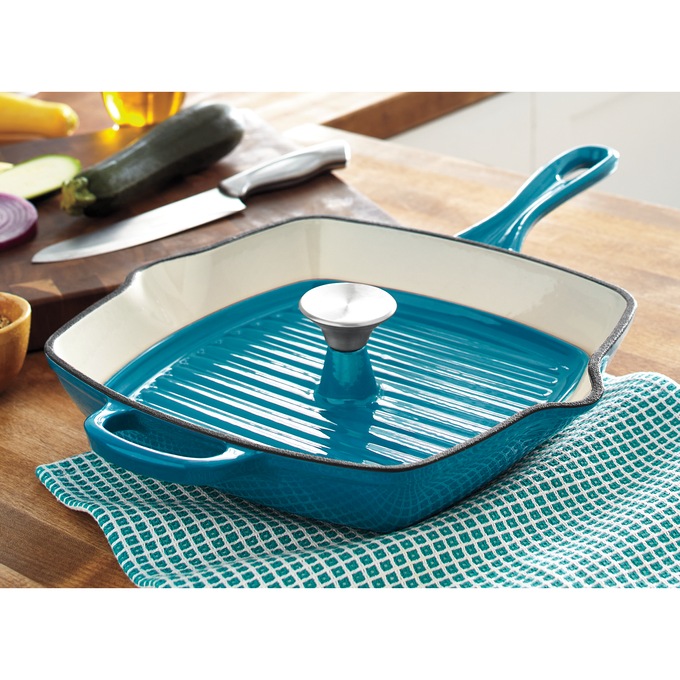 Enameled Cast Iron Grill Pan with Press, Island Blue, large