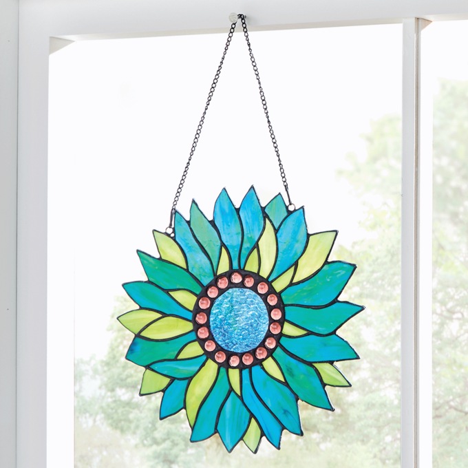Bright Stained Glass Flower Window Hanging, Teal, large