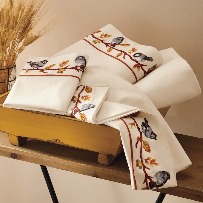 Embroidered Birdie Hem Sheet Set, , large