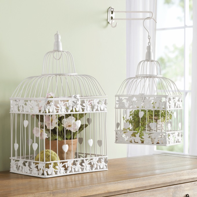 Set of 2 Floral Bird Cages, White, large