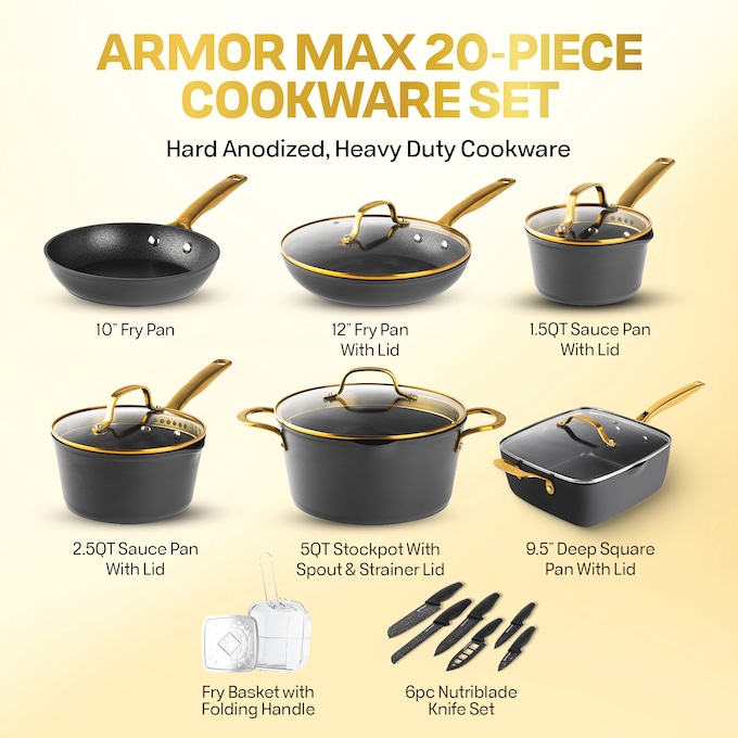 Granitestone 20-Piece Armor Max Hard-Anodized Nonstick Cookware Set, , large