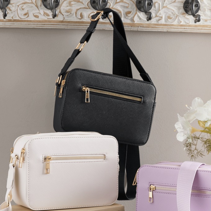 Faux Leather Square Crossbody with Zip Closures, , large