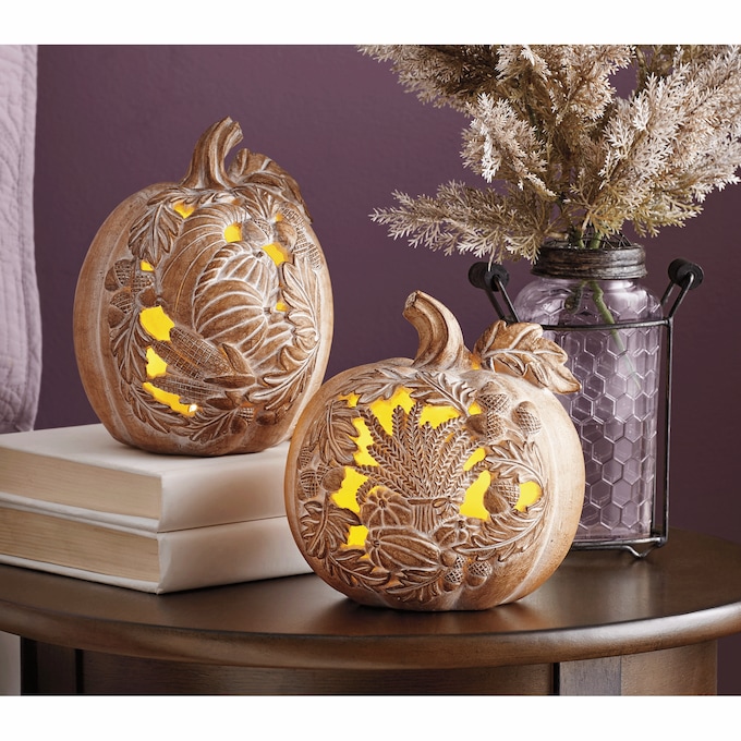 Set of 2 Carved-Look Pumpkins, , large