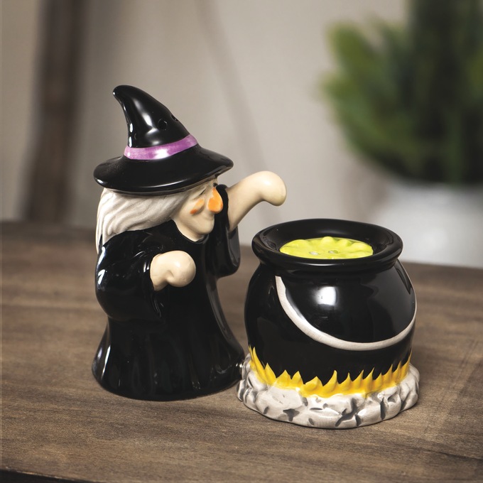 Witch and Cauldron Salt & Pepper Shakers, Black, large