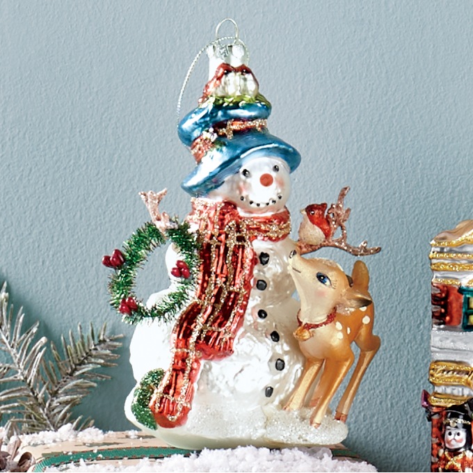 Snowman and Deer Glass Ornament, , large