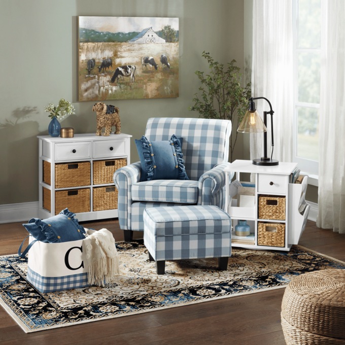 Buffalo Check Armchair and Ottoman, Blue Cream, large
