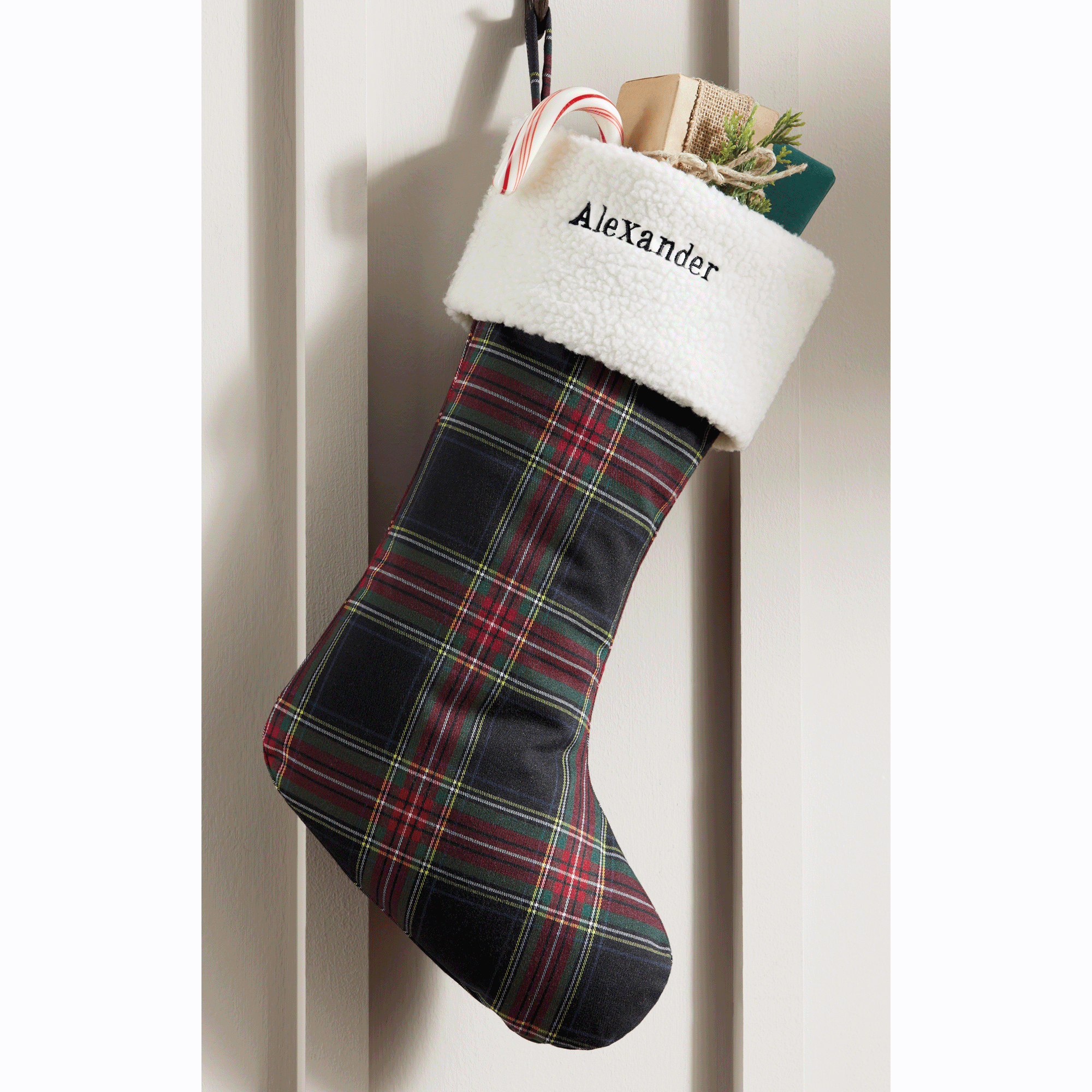 Plaid Stocking with Sherpa Trim, , large