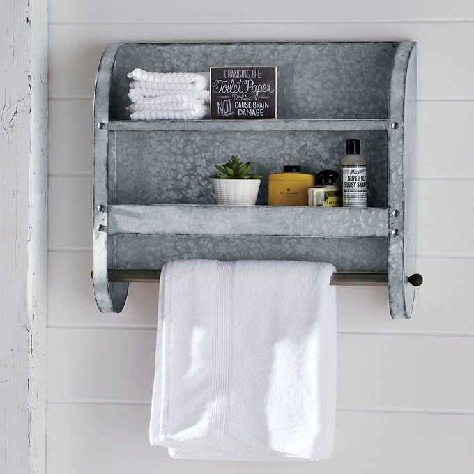 Bathroom Shelf Organizer With Towel Hooks, Farmhouse Country