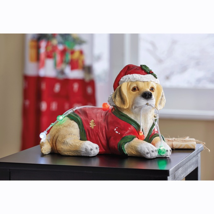Light-Up Puppy Figurine with Santa Hat, , large