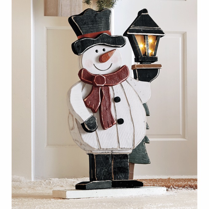Chunky Wood Snowman with Lantern, , large