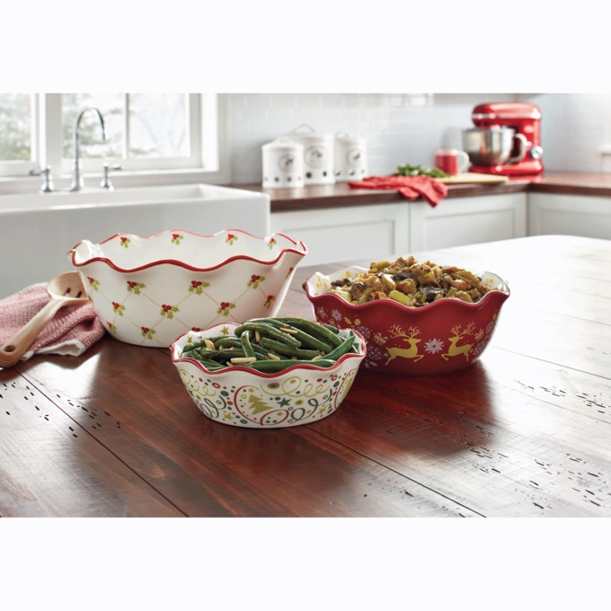 Set of 3 Holiday Ruffle-Edge Bowls, , large
