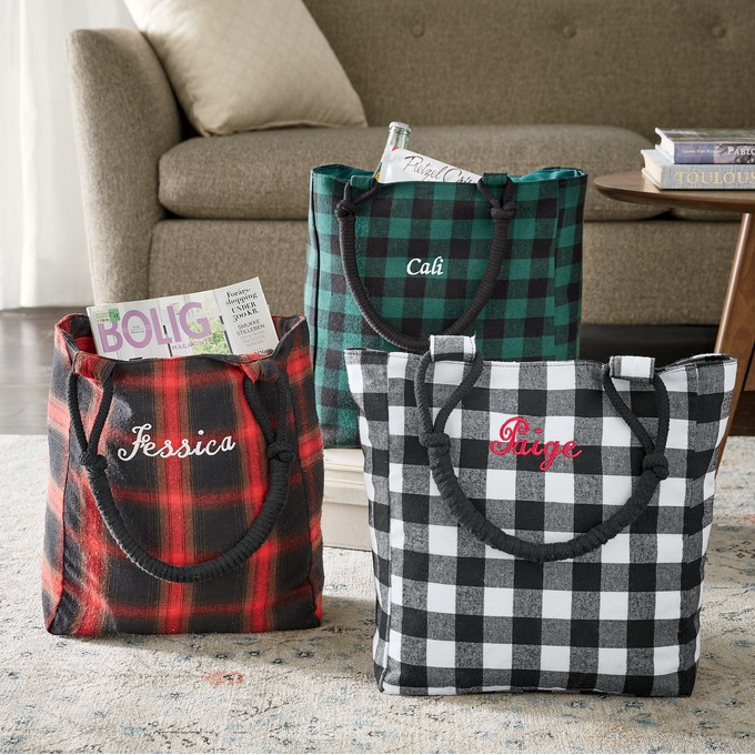 Black and White Buffalo Check Plaid Monogram Tote Bag