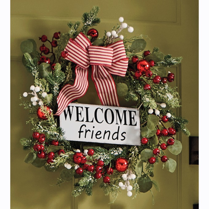Welcome Friends Holiday Berry Wreath, , large