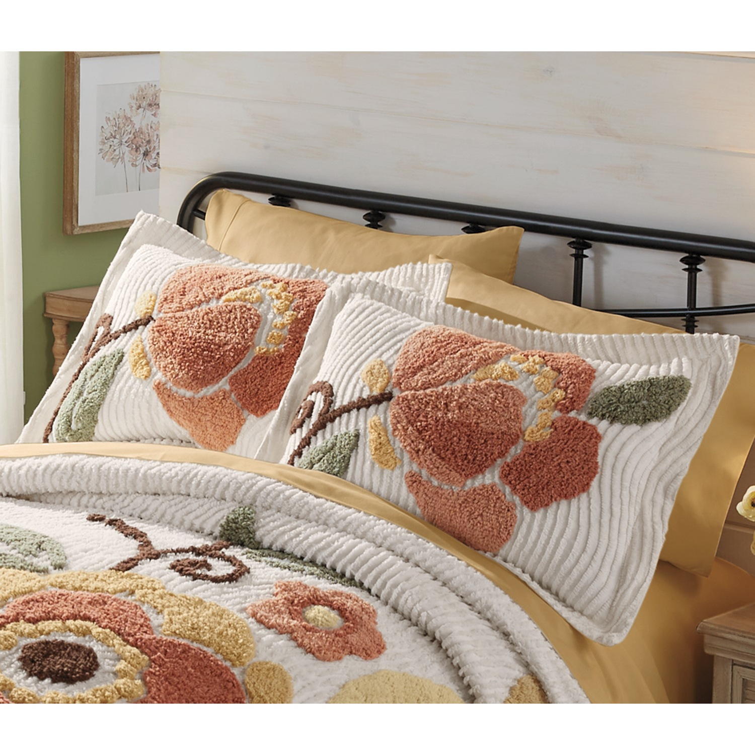 Autumnal Floral Chenille Bedspread and Sham Country Door