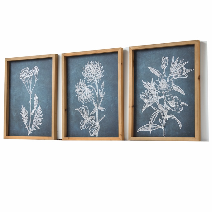 Set of 3 Florals on Blue Wall Art, , large