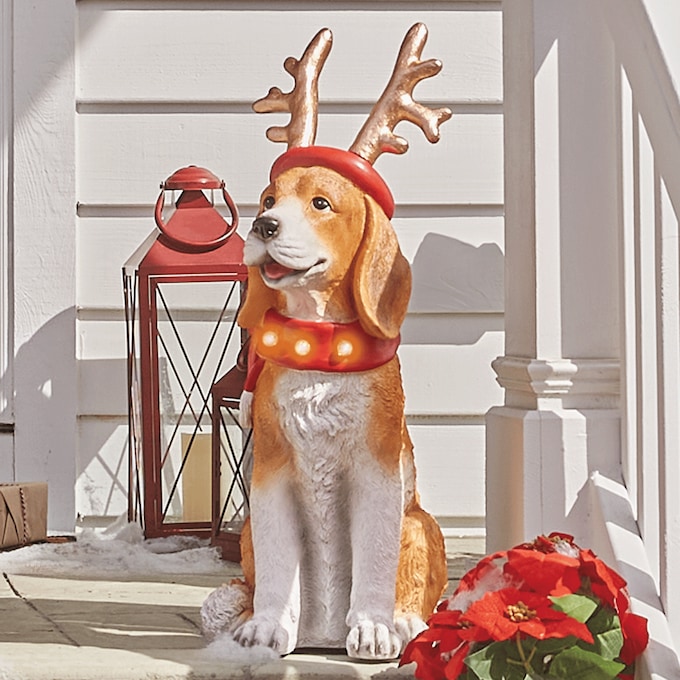 Lit Christmas Hound Dog Statue, , large