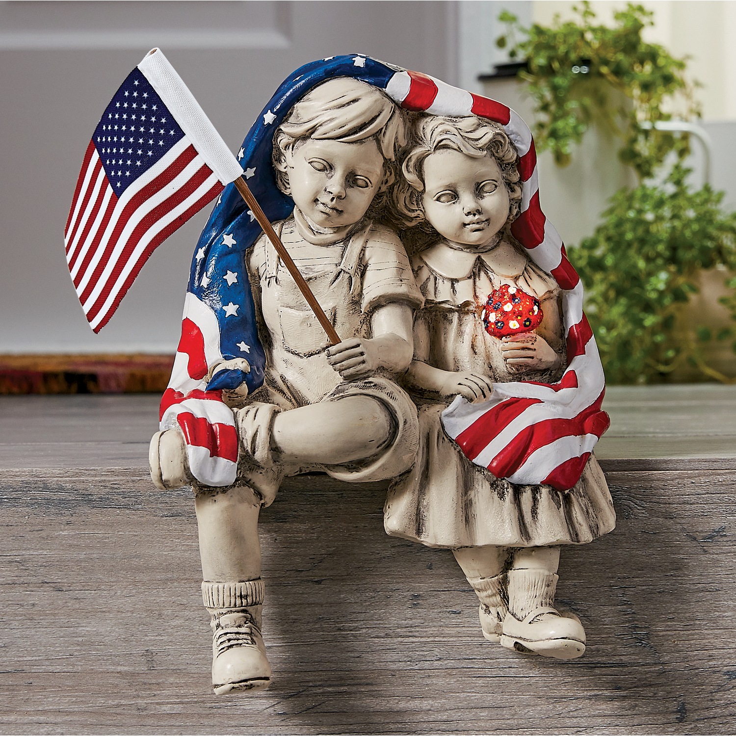 Solar Patriotic Sitting Boy and Girl Statue Country Door