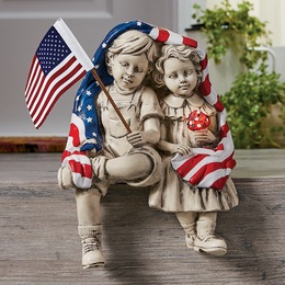 Solar Patriotic Sitting Boy and Girl Statue, , large