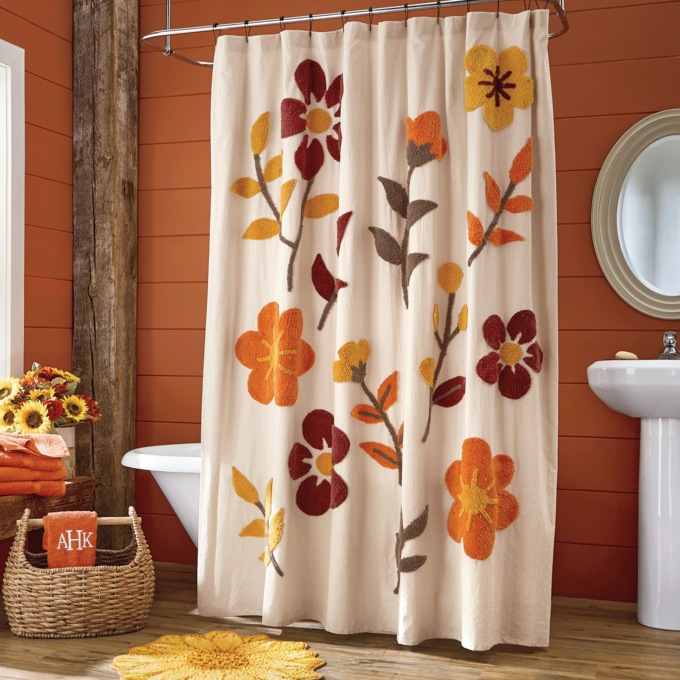 Autumn Floral Cotton Chenille Shower Curtain, Multi, large