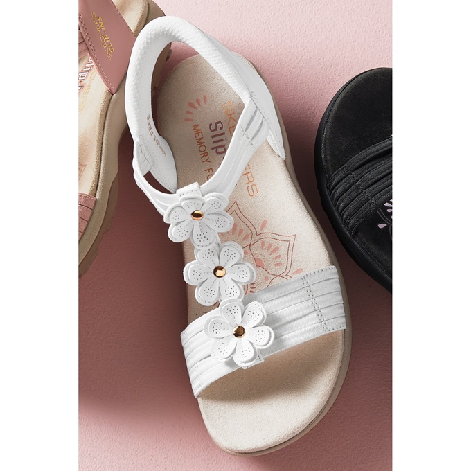 Skechers Hands Free Slip-ins Leather Reggae Slim Slingback with Floral Appliqu&eacute;s, White, large