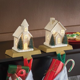 Set of 2 Lit Christmas Village Stocking Holders, , large