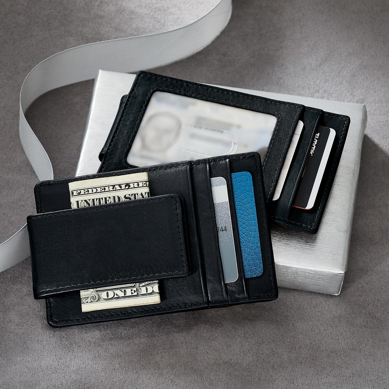 Black leather money clip deals with card holder