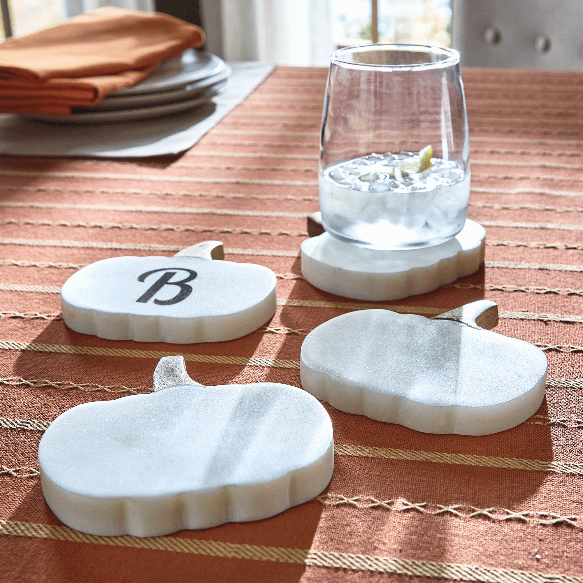 Set of 4 Marble and Wood Pumpkin Coasters, , large