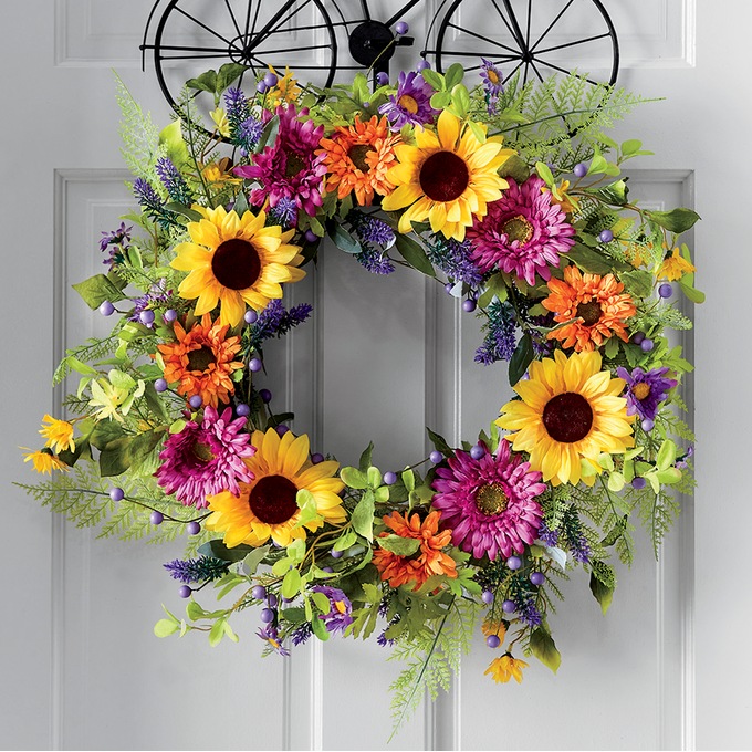 Purple Daisy and Yellow Sunflower Wreath, , large