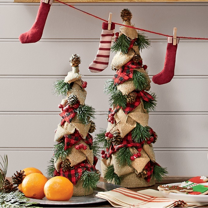 Set Of 2 Burlap And Plaid Ribbon Christmas Trees Country Door