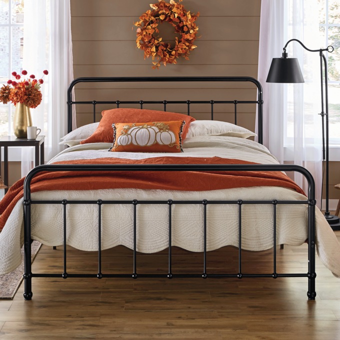 Leiden Black Wrought Iron Queen Platform Bed with Spindle Headboard, Black, large