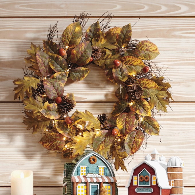 Lit Harvest Leaves and Acorns Wreath, , large