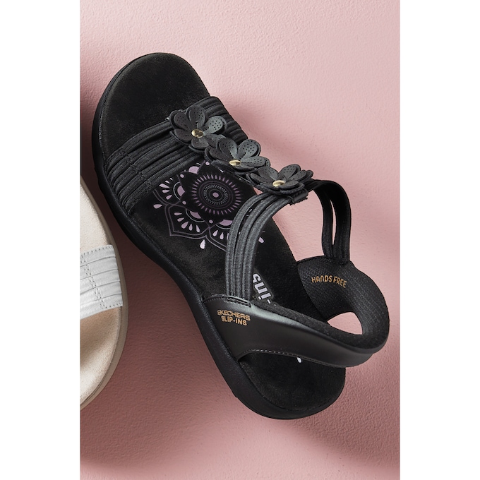 Skechers Hands Free Slip-ins Leather Reggae Slim Slingback with Floral Appliqu&eacute;s, , large