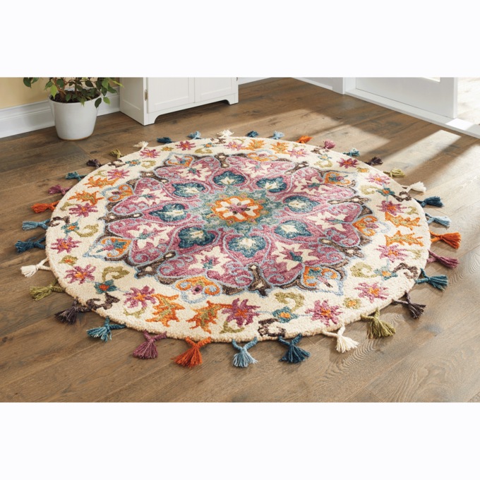 Bright Round Rug with Tassel Trim, , large