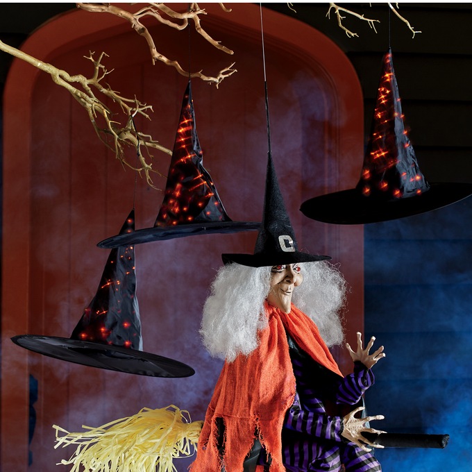 Set of 3 Hanging Lit Witch Hats, , large