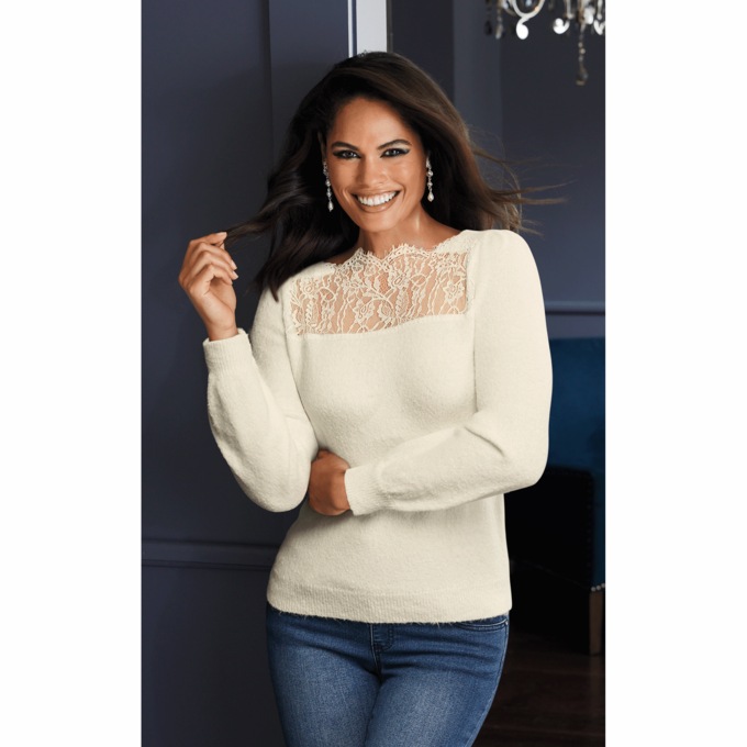 Leah Lace Rib Sweater, White White, large