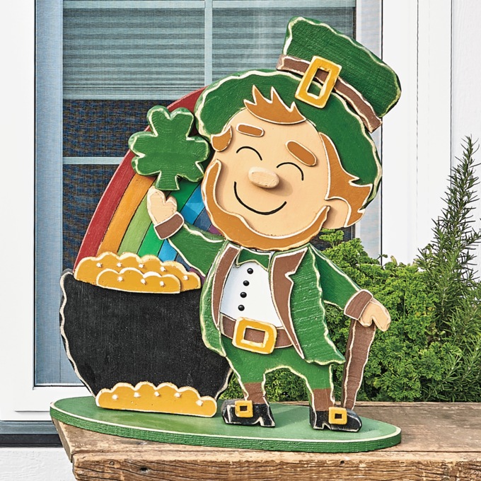 Chunky Wood Lit Pot Of Gold Leprechaun, , large