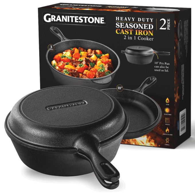 Granitestone Pre-Seasoned Cast Iron 2-in-1 Cooker, , large
