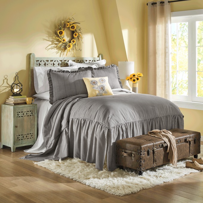 Ticking Stripe Ruffled Bedspread, , large