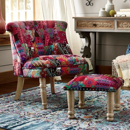 Tufted Patchwork Chair &amp; Ottoman, , large