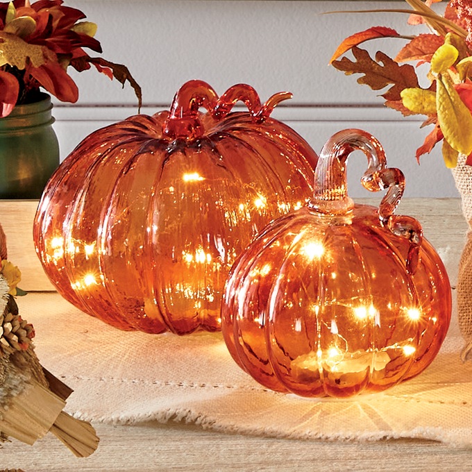 Set of 2 Lit Glass Pumpkins, , large