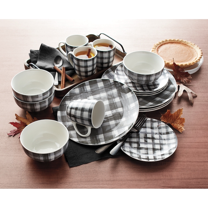 16-Piece Black & White Checkered Dinnerware Set, , large