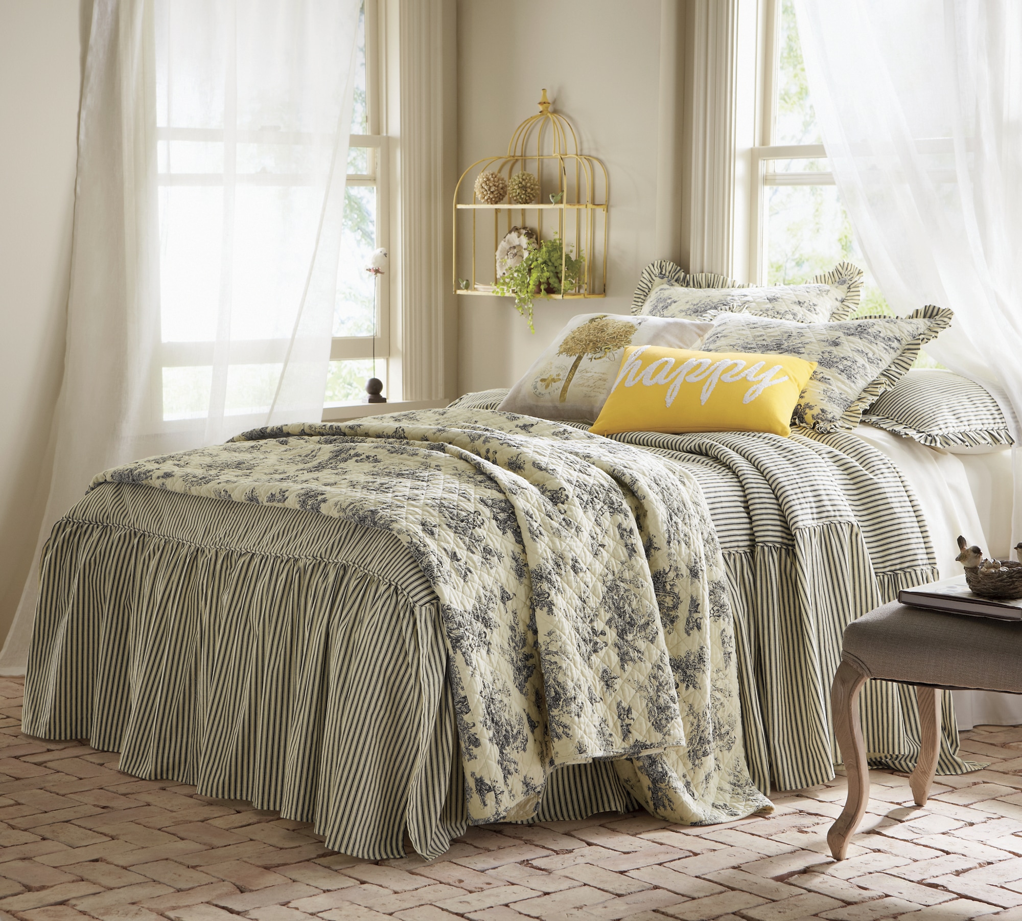 BLACK Ticking Stripe Twin Full Queen King Size Ruffled ...