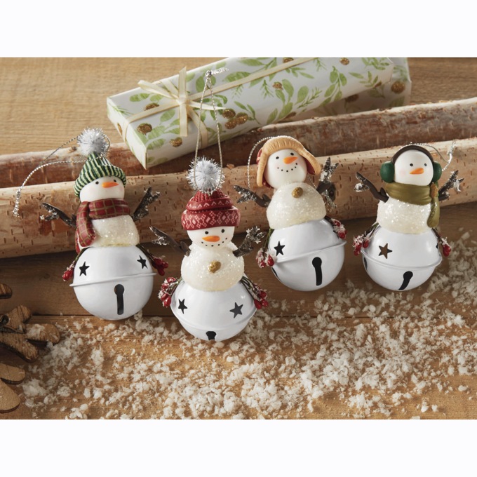 Set of 4 Snowman Bell Ornaments, , large