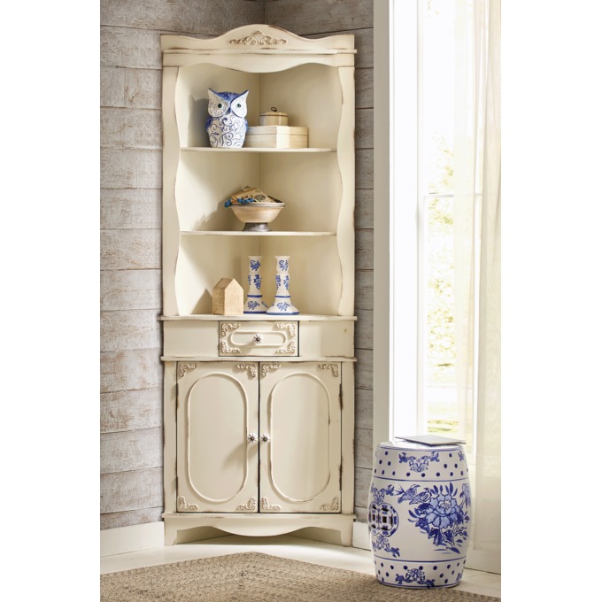 Annamae Corner Storage Shelf, Distressed Ivory, large