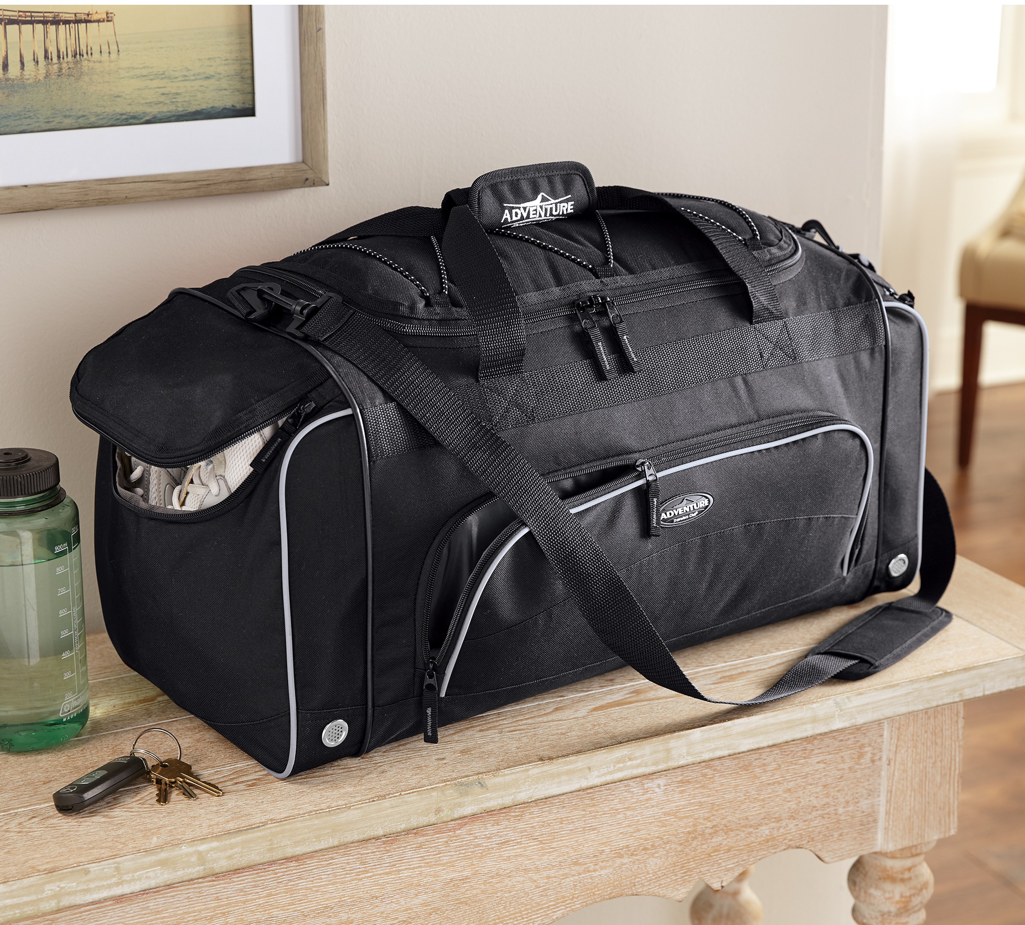 Personalized Duffel Bag with Shoe Pocket and Lockable Zips, Black, large