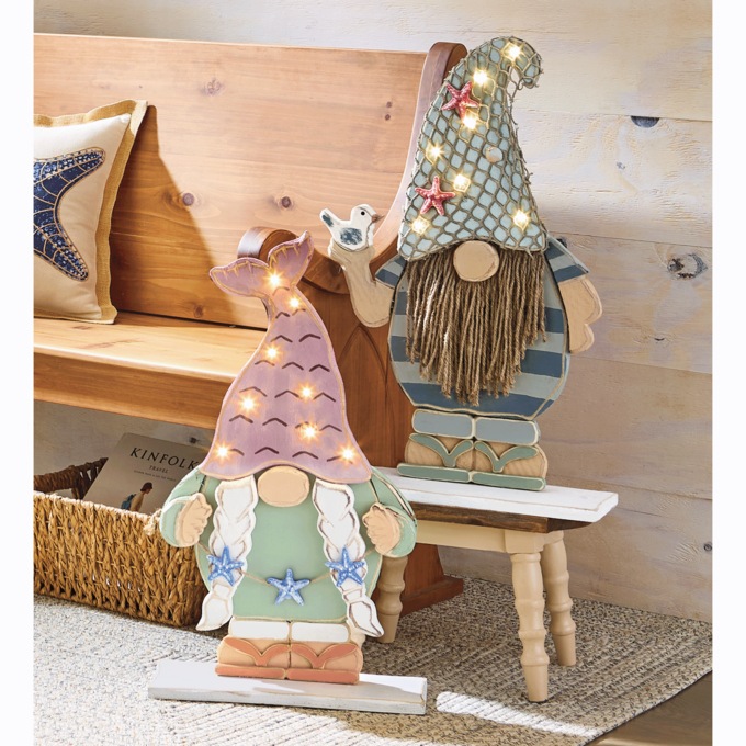 Chunky Wood Lit Coastal Gnome, , large
