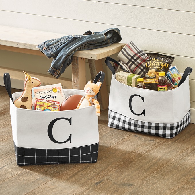 Plaid-Accent Tote Basket, , large