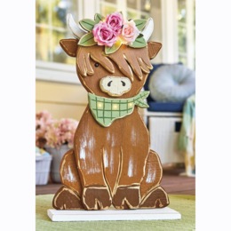 Chunky Wood Floral Highland Cow, , large